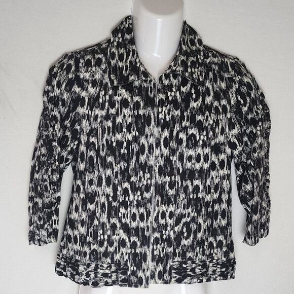Vtg CJ Banks Black and White Animal Print Linen Blend Jacket 3/4 sleeves W Small - Picture 1 of 11